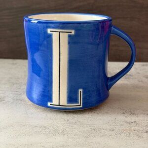Anthropologie Blue "L" Monogram Hand Painted Ceramic Single Mug 12-14oz. 3.75"